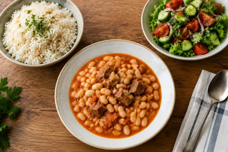 Kuru fasulye, pilav ve taze salatadan oluşan dengeli bir ana yemek menüsü